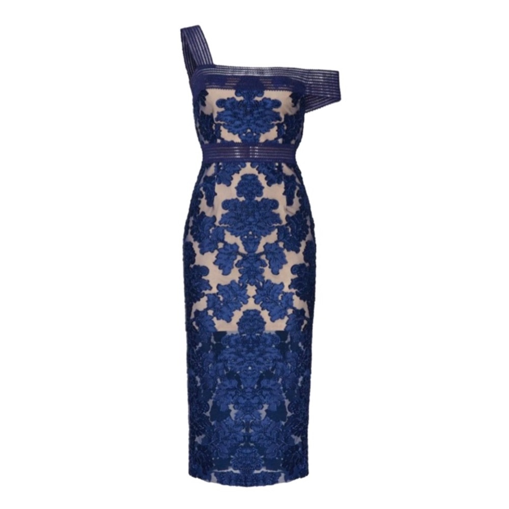 Alice McCall Asymetrical Shoulder Lace Pattern Midi Dress
